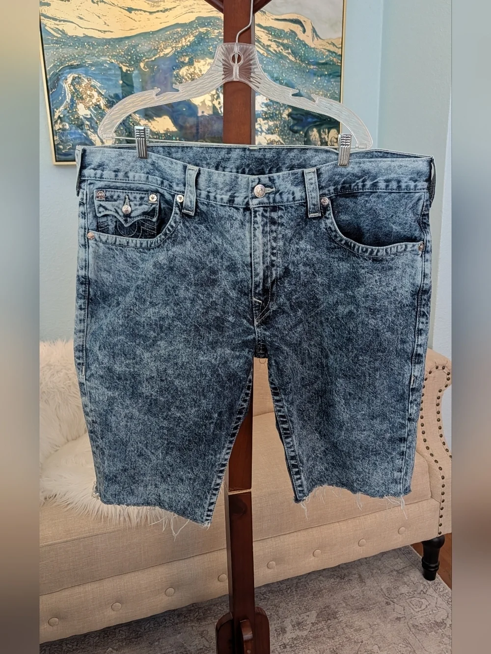 True Religion Acid Wash Denim Home Made Cut Off Short Men 42 RN#112970